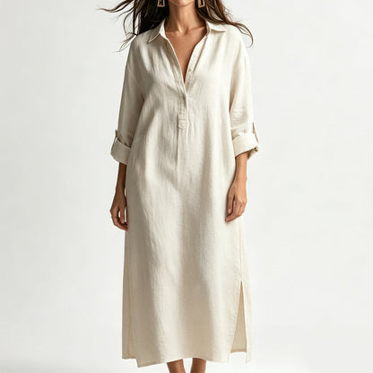 Women Loose Cotton Linen Shirt Maxi Dress