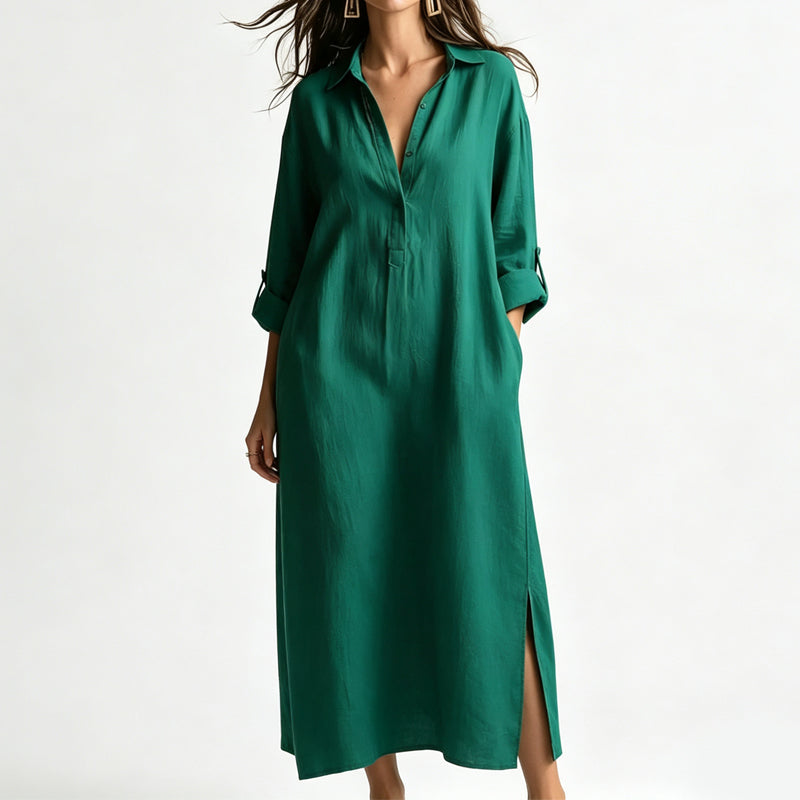 Women Loose Cotton Linen Shirt Maxi Dress
