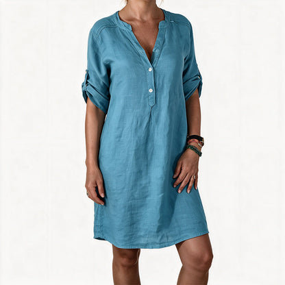 Women's Summer V-Neck Dress with Roll Sleeve