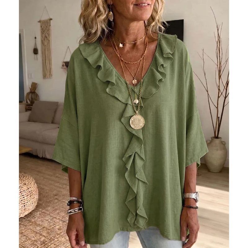 Women’s Casual V-Neck Ruffle Trim Blouse
