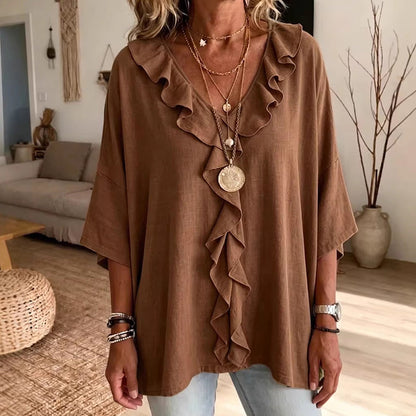 Women’s Casual V-Neck Ruffle Trim Blouse