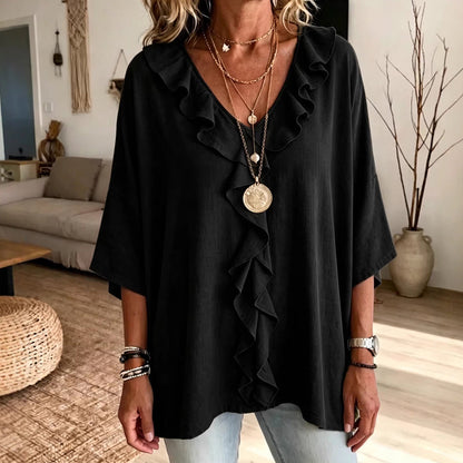 Women’s Casual V-Neck Ruffle Trim Blouse