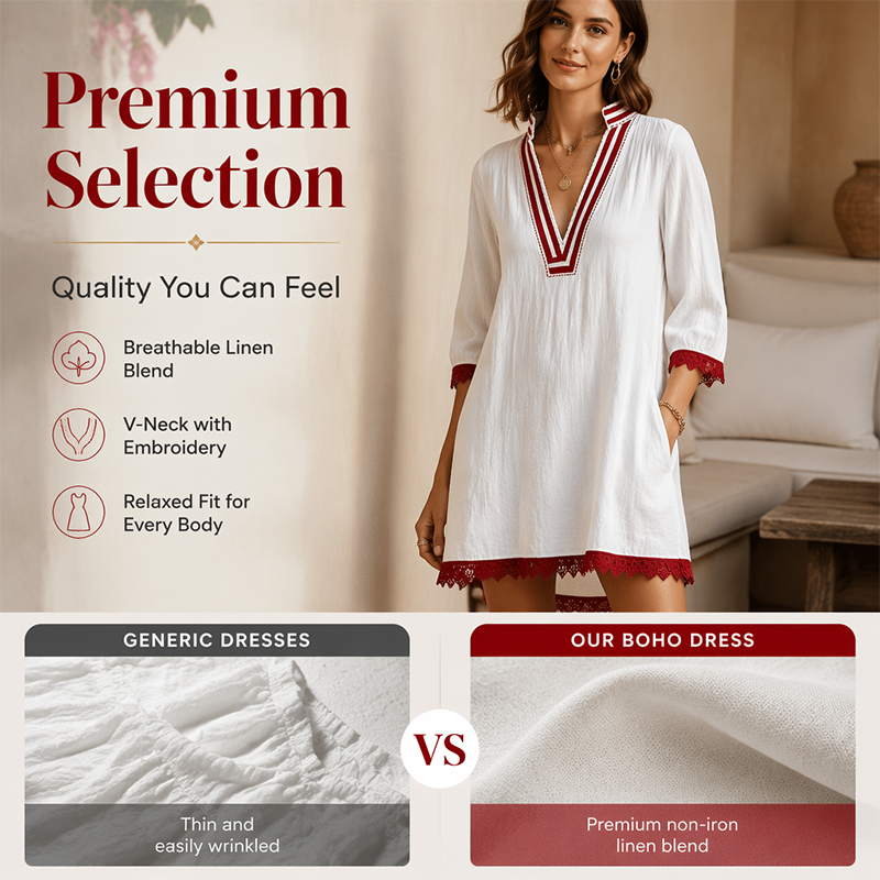 Women's V-Neck Loose Cotton Linen Dress