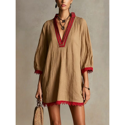 Women's V-Neck Loose Cotton Linen Dress