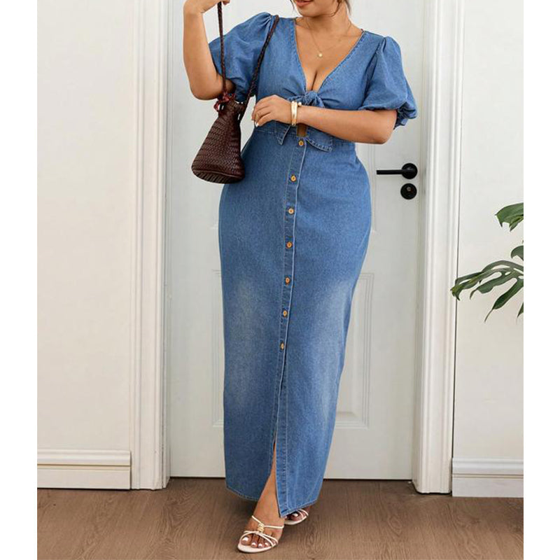 Women's Tie-Front V-Neck Denim Maxi Dress 🌸 Cinched Waist, Flowing Length – A Denim Dream for Sunny Days ✨
