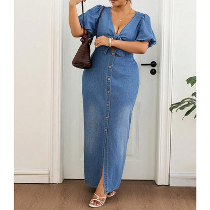 Women's Tie-Front V-Neck Denim Maxi Dress 🌸 Cinched Waist, Flowing Length – A Denim Dream for Sunny Days ✨