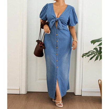 Women's Tie-Front V-Neck Denim Maxi Dress 🌸 Cinched Waist, Flowing Length – A Denim Dream for Sunny Days ✨
