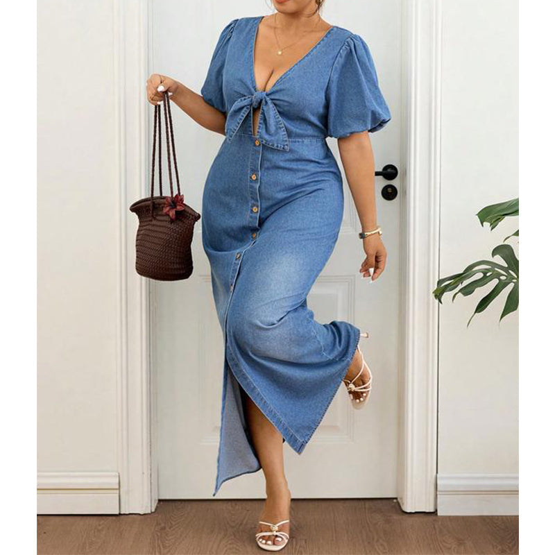 Women's Tie-Front V-Neck Denim Maxi Dress 🌸 Cinched Waist, Flowing Length – A Denim Dream for Sunny Days ✨