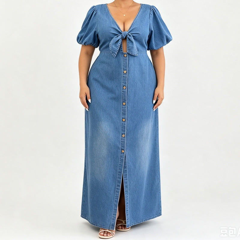 Women's Tie-Front V-Neck Denim Maxi Dress 🌸 Cinched Waist, Flowing Length – A Denim Dream for Sunny Days ✨