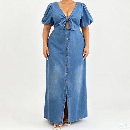 Women's Tie-Front V-Neck Denim Maxi Dress 🌸 Cinched Waist, Flowing Length – A Denim Dream for Sunny Days ✨