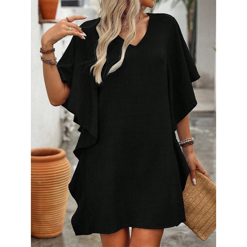 Women's Solid Color V-Neck Ruffle-Sleeve Short Dress