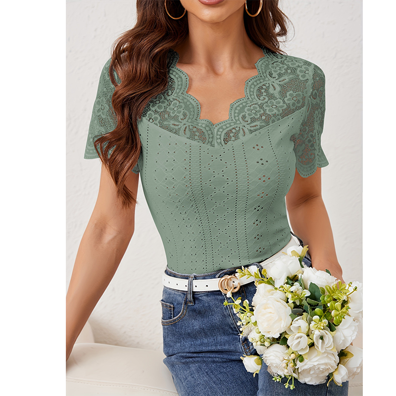 Women's Slim-Fit V-Neck Lace Short-Sleeve Top