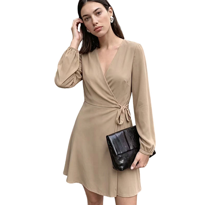 Women Elegant Solid Color Wrap Dress