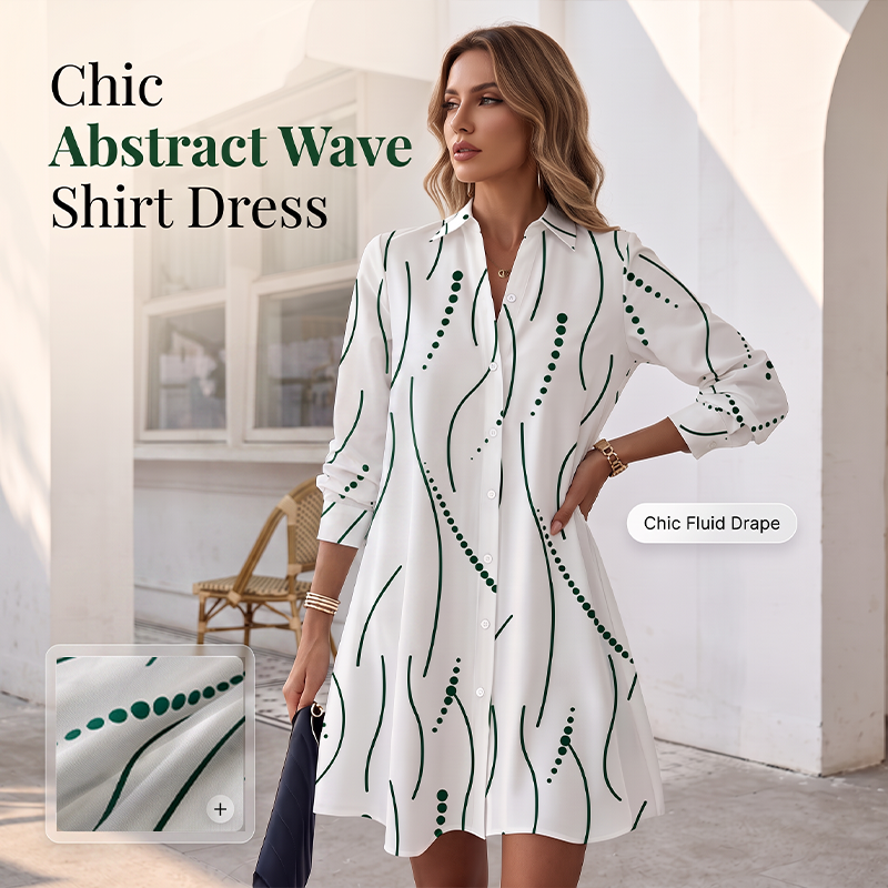 Women's Long Sleeve Printed Shirt Dress Casual Button Down Elegant Midi Dress