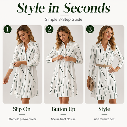Women's Long Sleeve Printed Shirt Dress Casual Button Down Elegant Midi Dress
