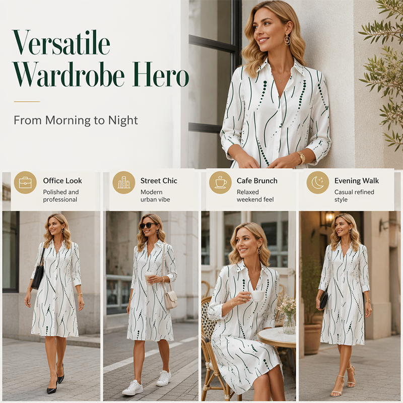 Women's Long Sleeve Printed Shirt Dress Casual Button Down Elegant Midi Dress