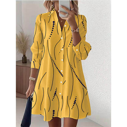 Women's Long Sleeve Printed Shirt Dress Casual Button Down Elegant Midi Dress
