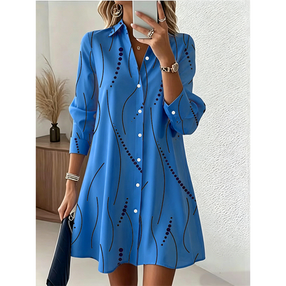 Women's Long Sleeve Printed Shirt Dress Casual Button Down Elegant Midi Dress