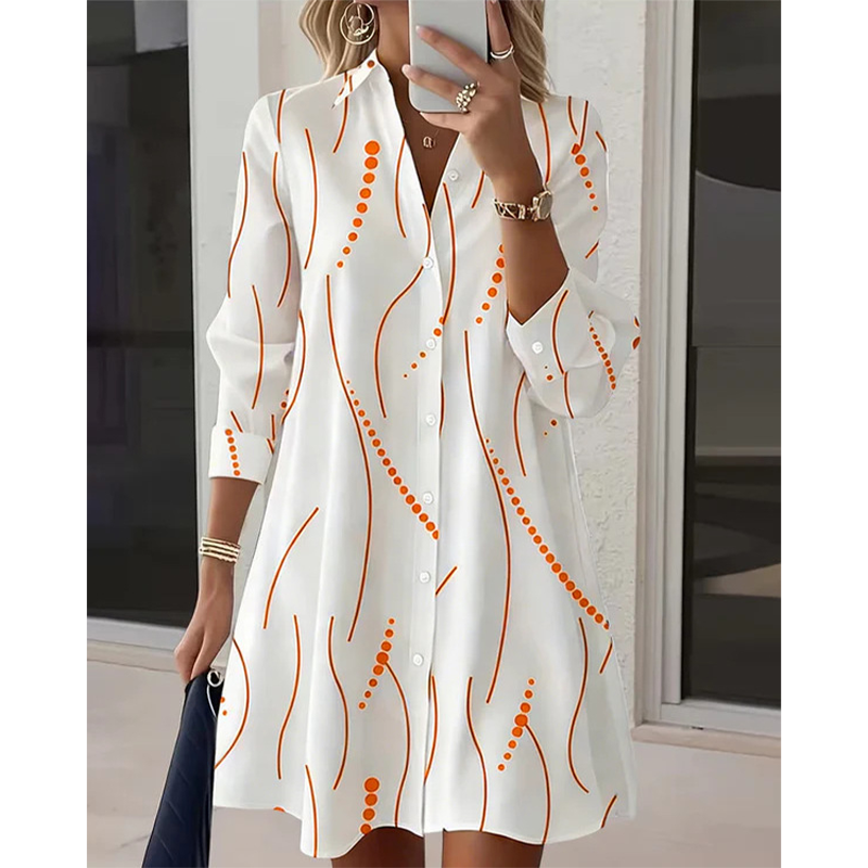 Women's Long Sleeve Printed Shirt Dress Casual Button Down Elegant Midi Dress