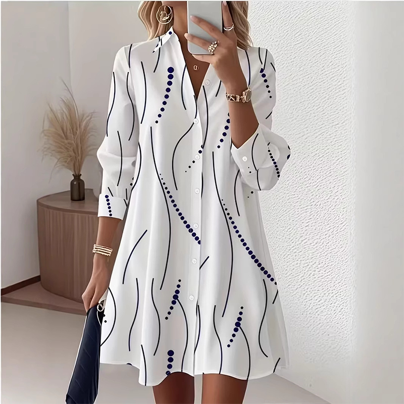 Women's Long Sleeve Printed Shirt Dress Casual Button Down Elegant Midi Dress