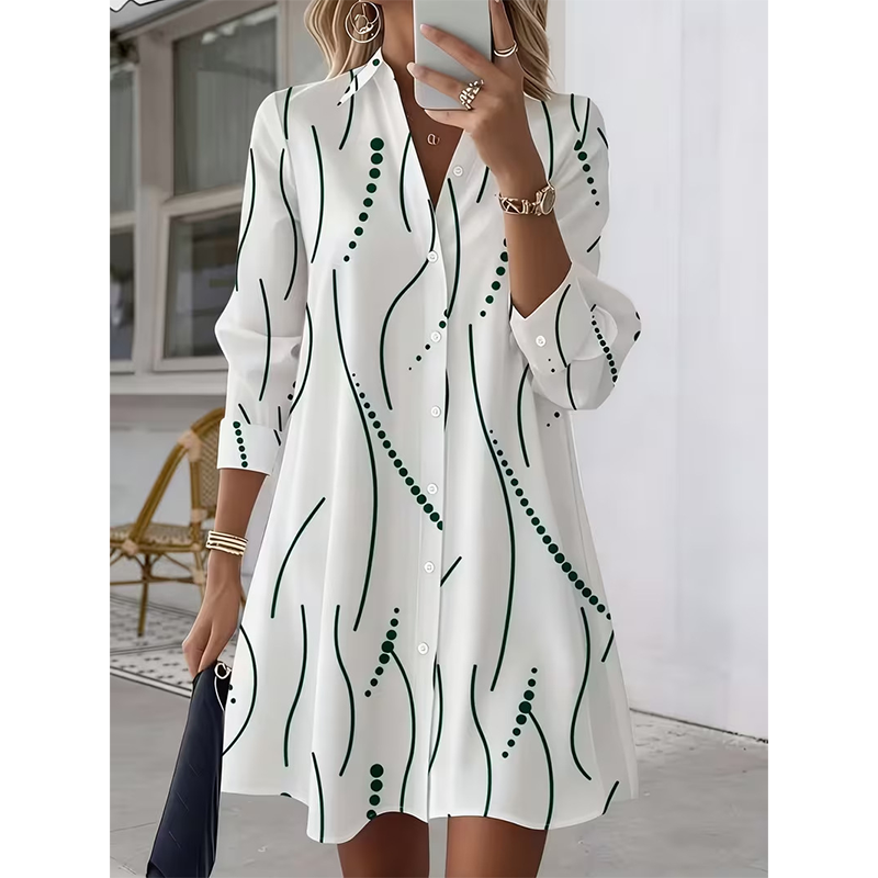 Women's Long Sleeve Printed Shirt Dress Casual Button Down Elegant Midi Dress