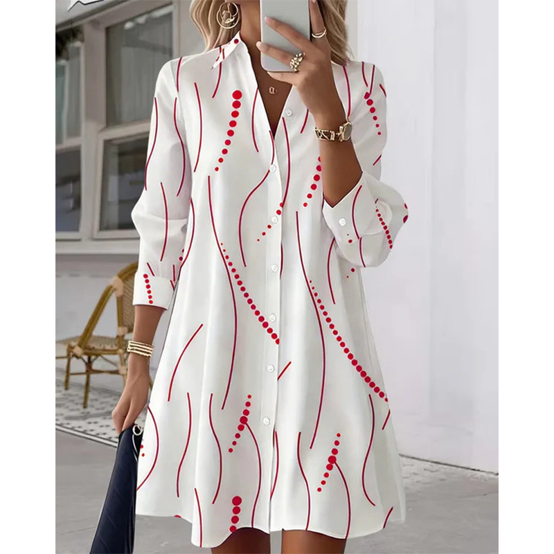 Women's Long Sleeve Printed Shirt Dress Casual Button Down Elegant Midi Dress