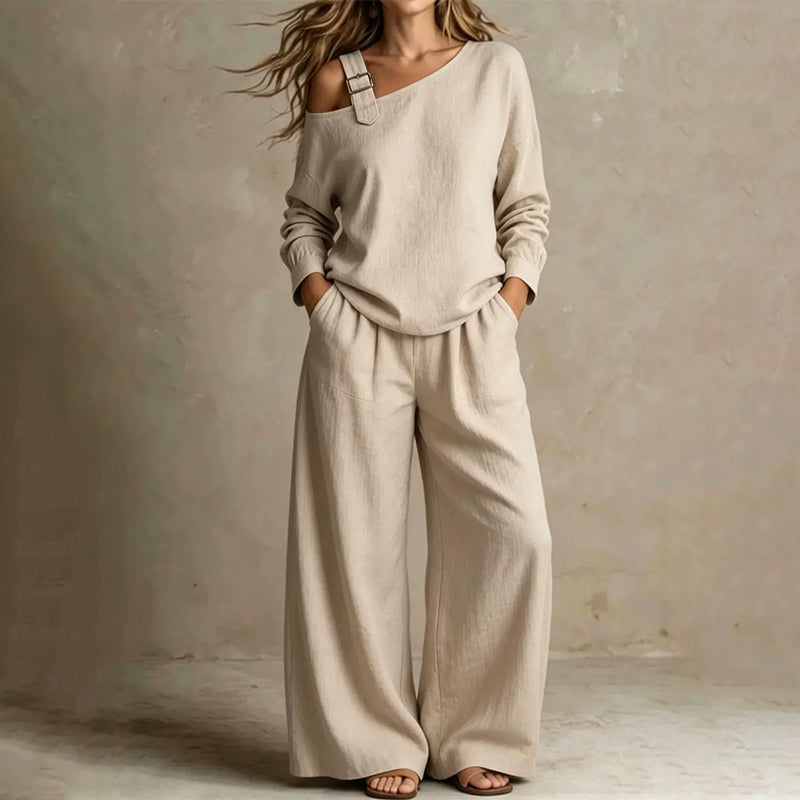 Women's Elegant One-Shoulder Top & Wide-Leg Pants Set