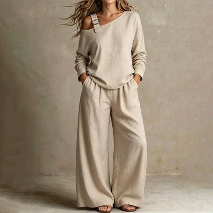 Women's Elegant One-Shoulder Top & Wide-Leg Pants Set