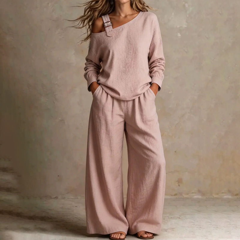 Women's Elegant One-Shoulder Top & Wide-Leg Pants Set