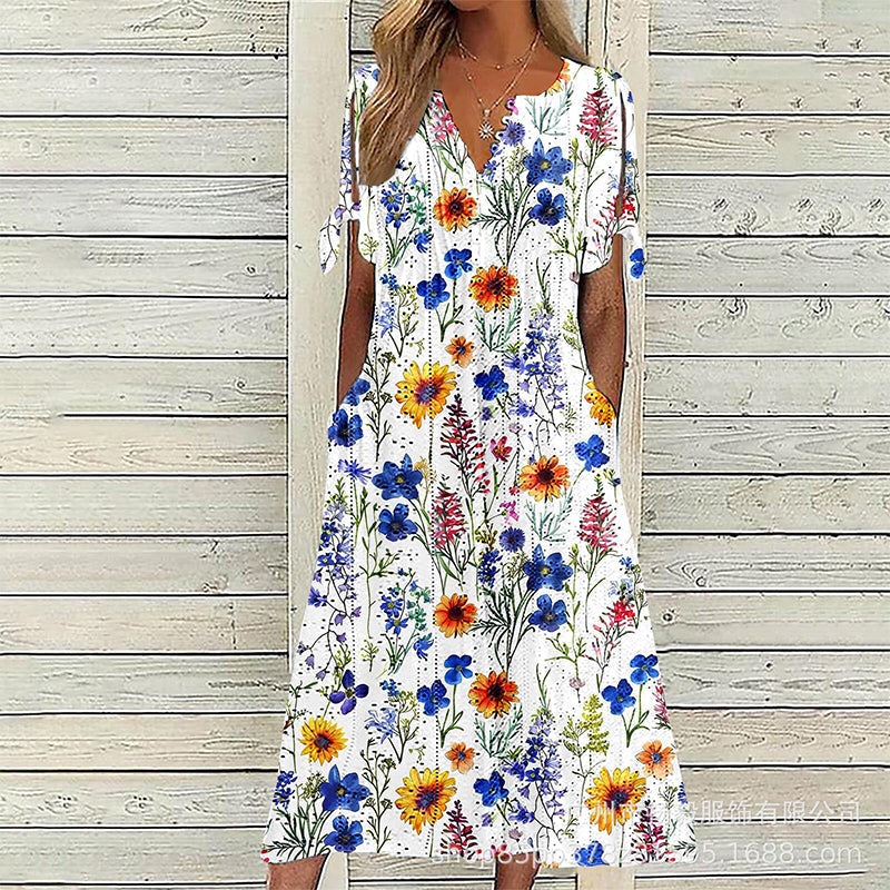 Women's Casual Floral Print V Neck Dress