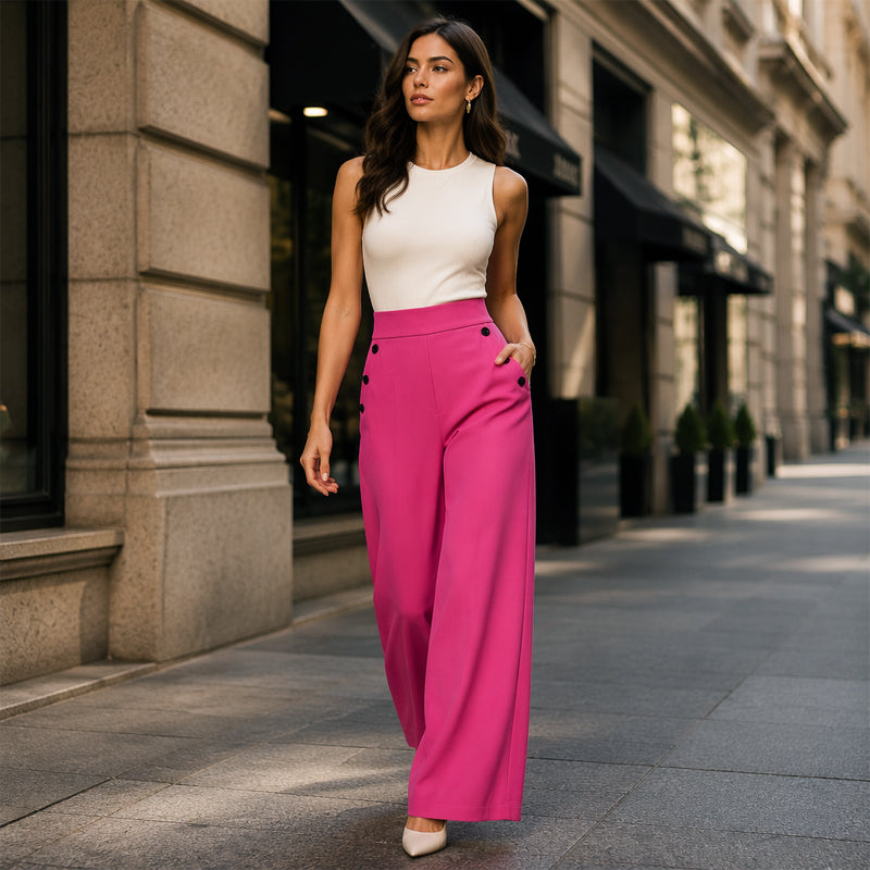 Women's High-Waisted Wide-Leg Pants with Side Buttons