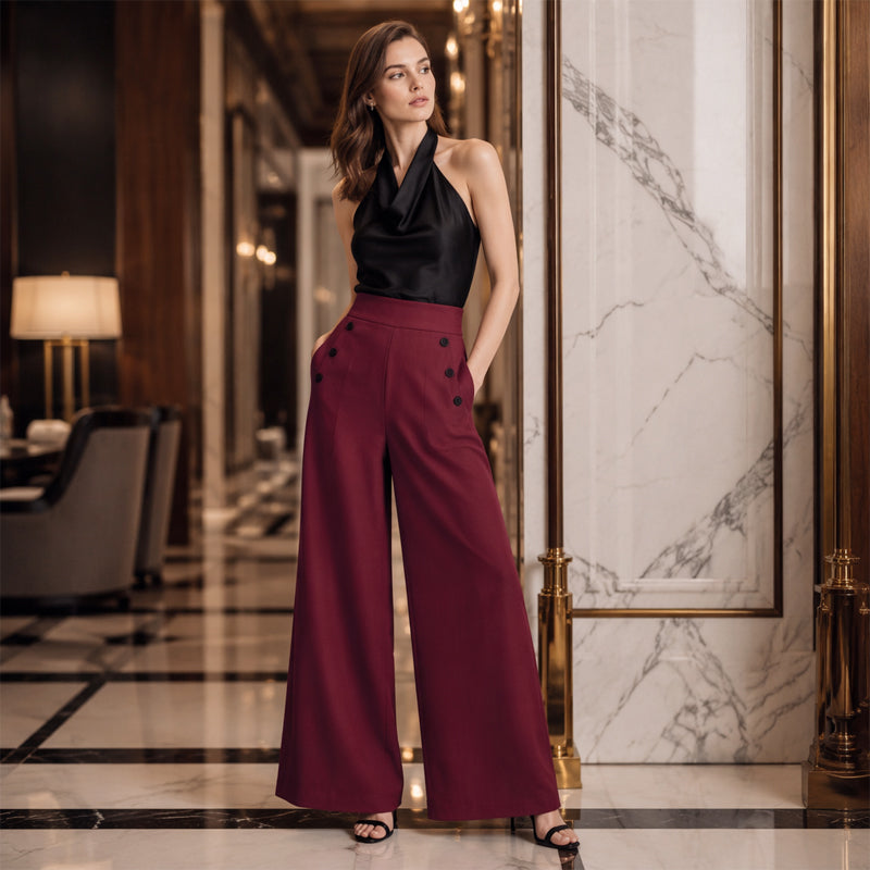 Women's High-Waisted Wide-Leg Pants with Side Buttons