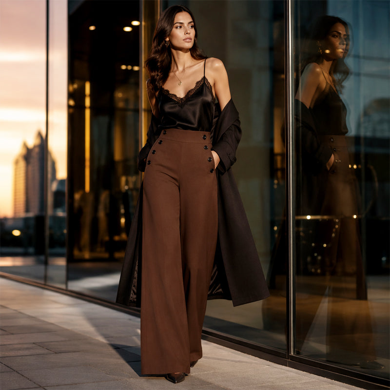 Women's High-Waisted Wide-Leg Pants with Side Buttons