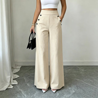 Women's High-Waisted Wide-Leg Pants with Side Buttons