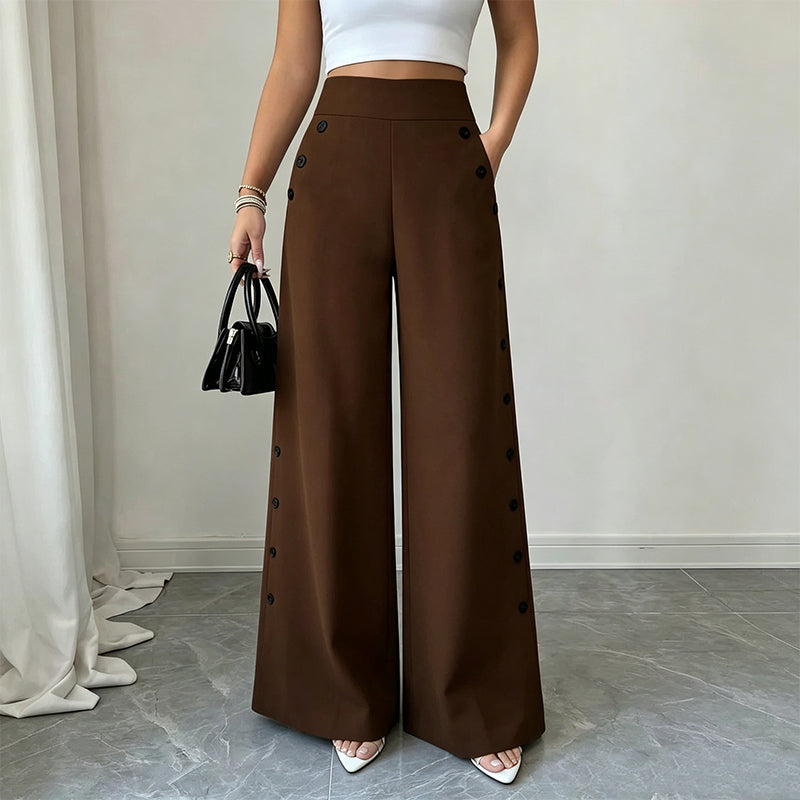 Women's High-Waisted Wide-Leg Pants with Side Buttons