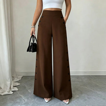 Women's High-Waisted Wide-Leg Pants with Side Buttons