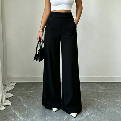 Women's High-Waisted Wide-Leg Pants with Side Buttons