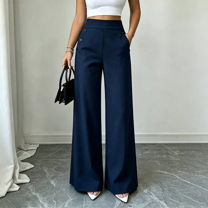 Women's High-Waisted Wide-Leg Pants with Side Buttons