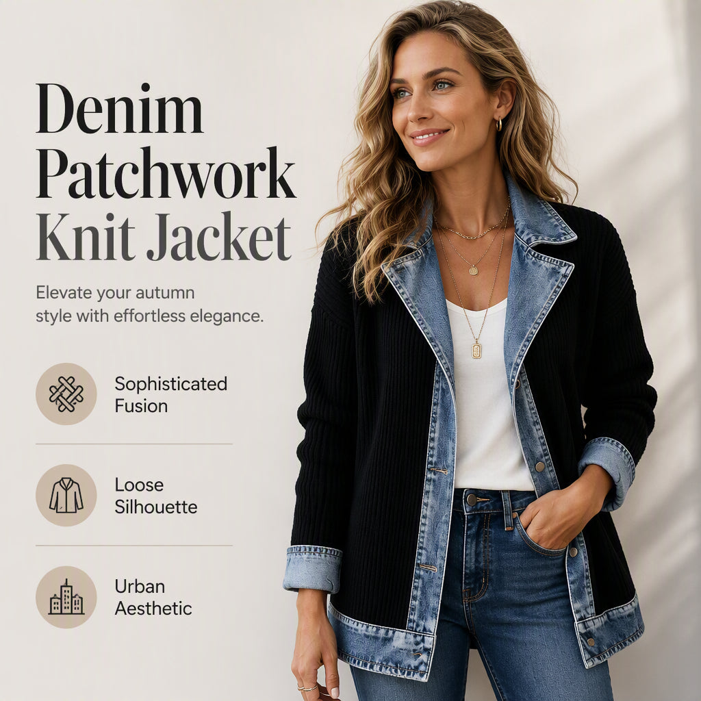 Women’s Elegant Denim Spliced Ribbed Knit Coat