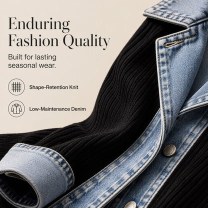 Women’s Elegant Denim Spliced Ribbed Knit Coat