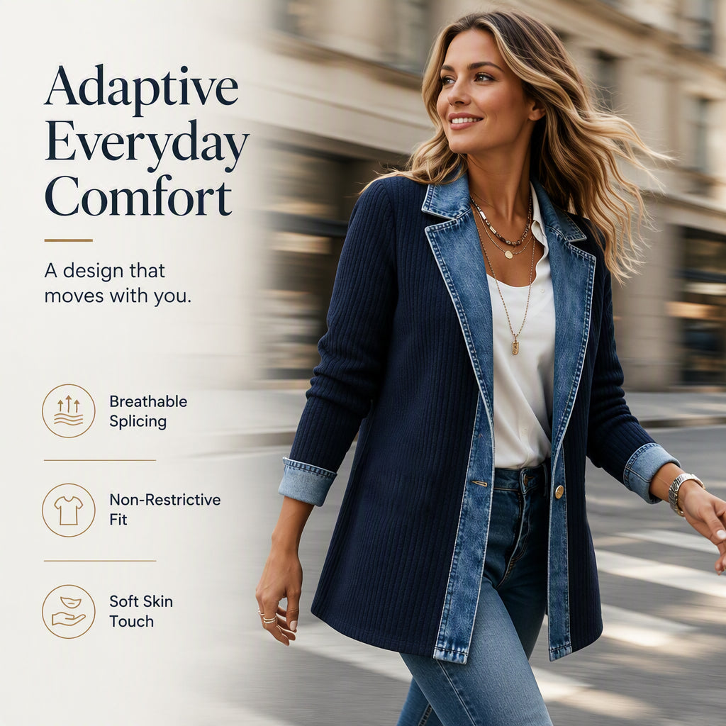 Women’s Elegant Denim Spliced Ribbed Knit Coat