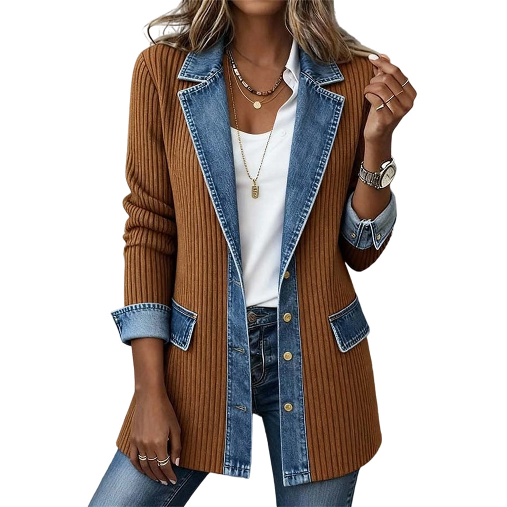 Women’s Elegant Denim Spliced Ribbed Knit Coat