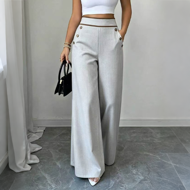 Women's High-Waisted Wide-Leg Pants with Contrast Trim