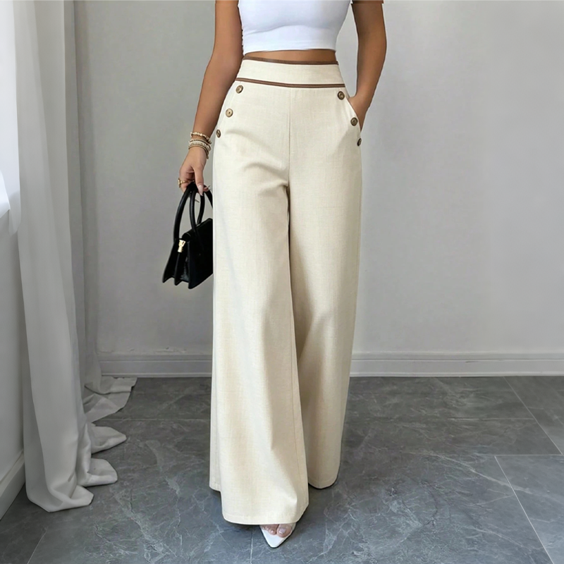 Women's High-Waisted Wide-Leg Pants with Contrast Trim