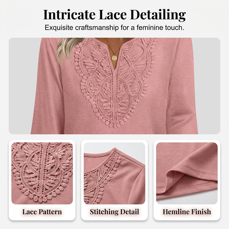 Women's V-Neck Lace Trim 3/4 Sleeve Tunic Top