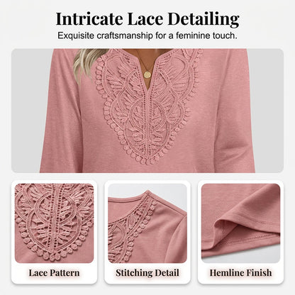 Women's V-Neck Lace Trim 3/4 Sleeve Tunic Top