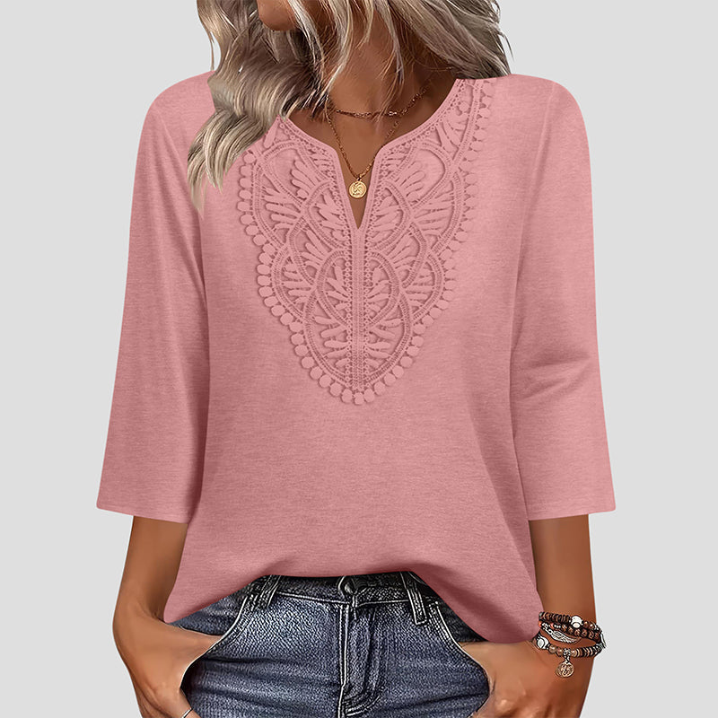 Women's V-Neck Lace Trim 3/4 Sleeve Tunic Top