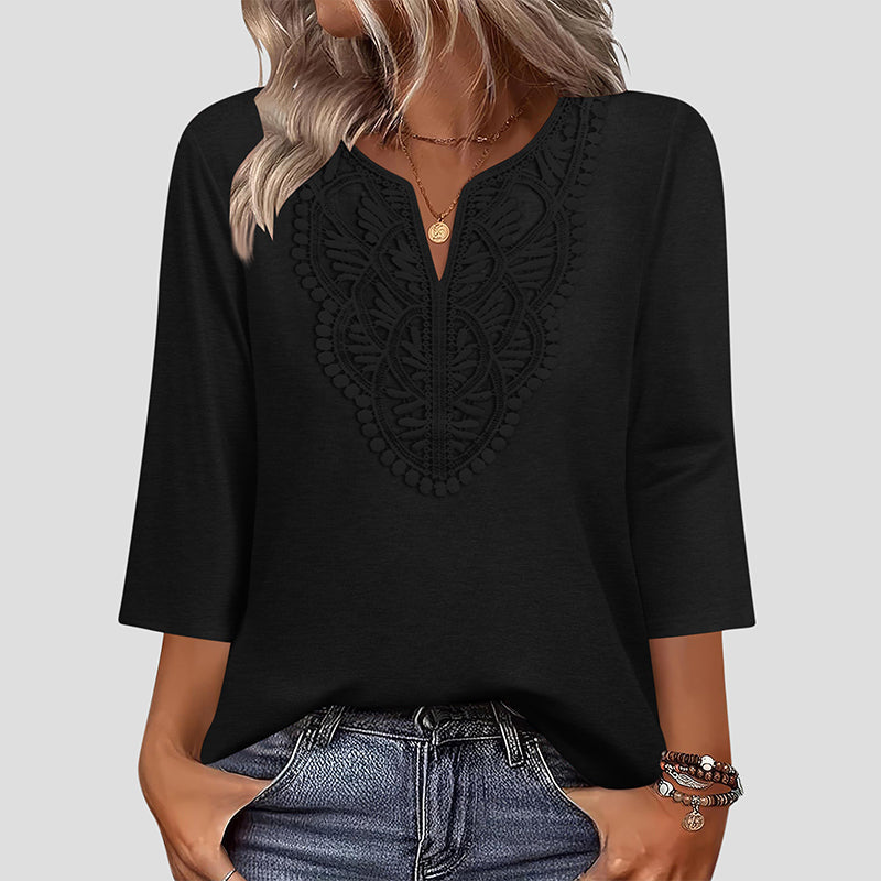 Women's V-Neck Lace Trim 3/4 Sleeve Tunic Top
