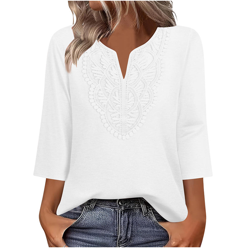 Women's V-Neck Lace Trim 3/4 Sleeve Tunic Top