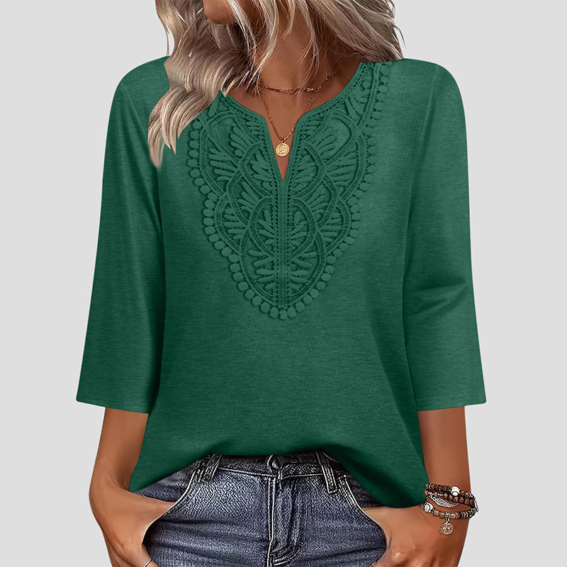 Women's V-Neck Lace Trim 3/4 Sleeve Tunic Top